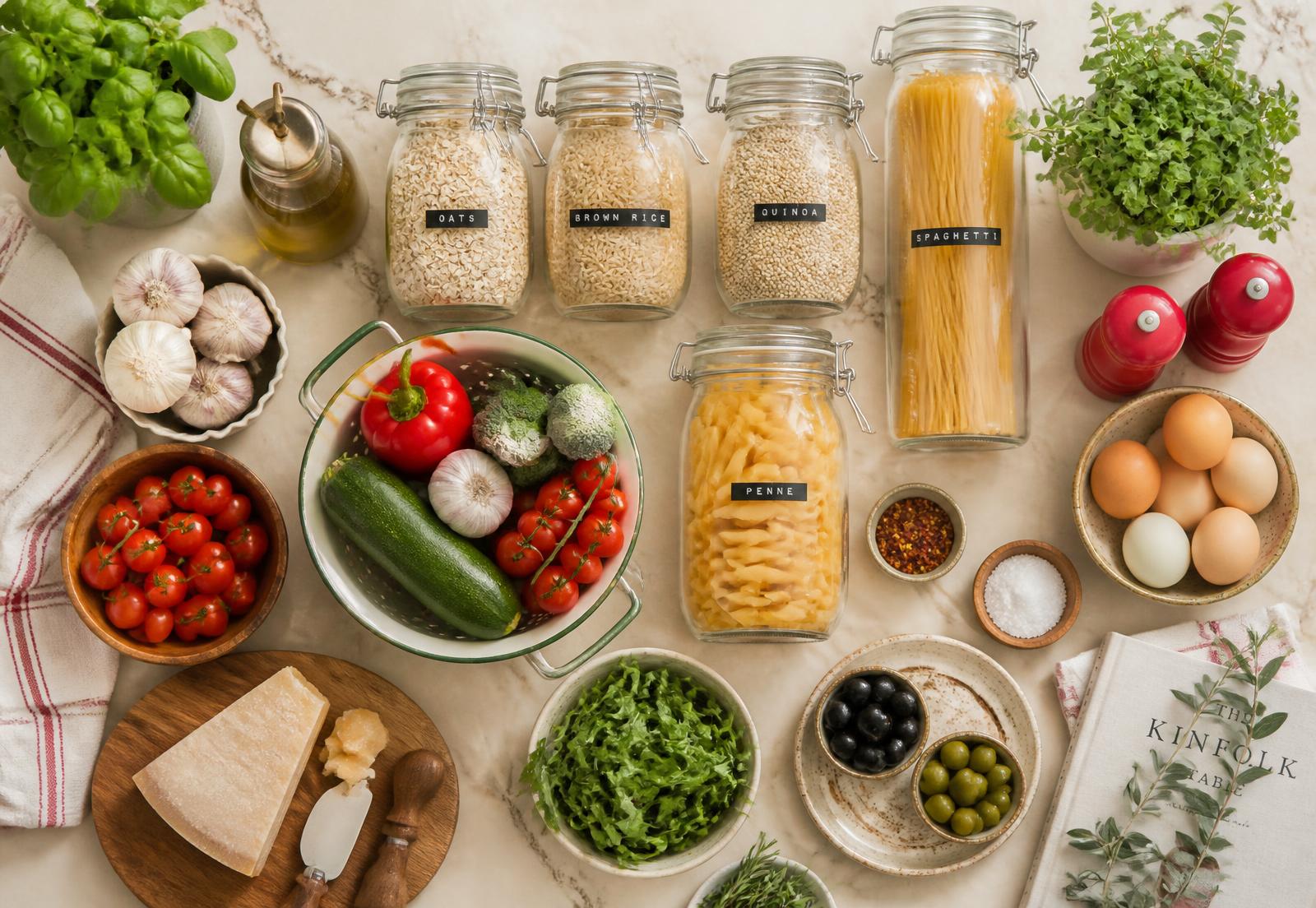 Organized kitchen counter with labeled jars, fresh vegetables, eggs and herbs